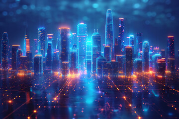 Futuristic city, silhouette logo in the wireframe style on a dark blue background