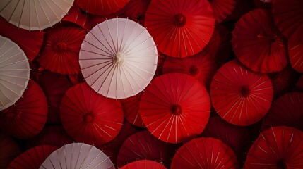 Obraz premium White and Red paper chinese umbrellas background One white umbrella in group of red umbrellas in low light : Generative AI