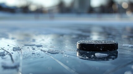 A single hockey puck resting on an outdoor ice rink surface, capturing the essence of the sport and the cold, wintry environment surrounding it, creating a still moment.