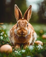 Obraz premium A rabbit is sitting in the grass with a few eggs nearby. The rabbit is looking at the camera with a curious expression