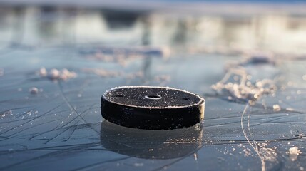 A close-up shot of a black hockey puck resting on an ice surface with visible scratches and a soft, blurry background under natural light, evoking a sense of calm and stillness.
