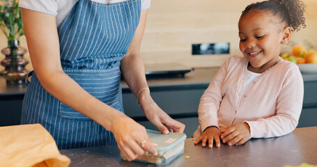 Lunch box, girl and parent in kitchen with child for care, nutrition or meal prep of school or education. African kid smile for food and sandwich with family support in development or growth at home
