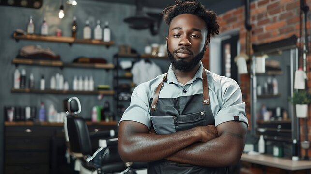 African American barber in working apron is leaning on barber chair : Generative AI