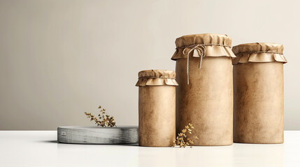 Naklejka premium wide advertising packaging mockup, sustainable product package label mockup background, image with blank brown color label for jar and lid covered with paper