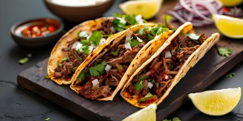 Homemade Mexican beef birria tacos traditional and flavorful. Concept Mexican Cuisine, Beef Birria Tacos, Traditional Recipe, Flavorful Cooking, Homemade Meal