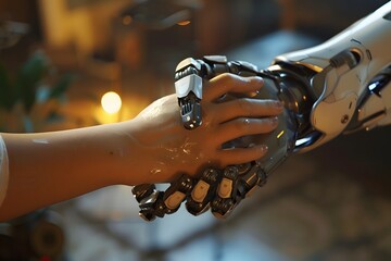 human hand interacting with a robot hand. Futuristic, advanced prosthetic or artificial limb,