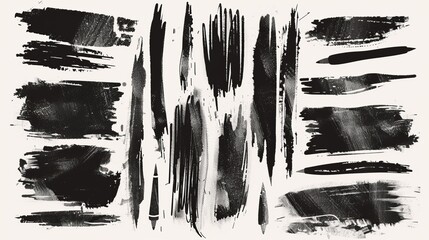 A diverse set of black brush strokes of different shapes and textures is shown on a white canvas background. The ink and paint strokes demonstrate a range of artistic techniques.