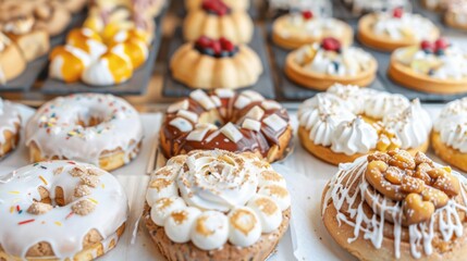 A row of donuts with various toppings and flavors. Concept of abundance and variety, with a wide selection of donuts to choose from