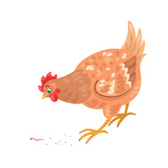 Beautiful mottled hen found a worm. Isolated on white background. Vector flat illustration