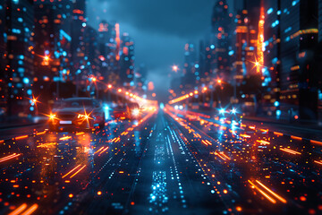 Futuristic highway with cars, silhouette logo in the wireframe style on a dark blue background