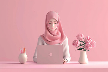 Hijab woman using laptop with pink background, Ai generated