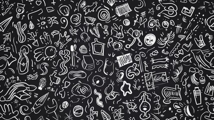 A detailed blackboard filled with intricate abstract doodles and sketches, creating an intriguing composition with various elements that evoke curiosity and creativity.