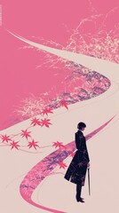 Obraz premium Abstract Paradise Wallpaper: Seasonal Transition with Watercolor Flat Style Plants, Spring, Summer, Autumn Leaves, and Natural Landscape in Children's Storybook Illustration, Perfect for Mobile and Co