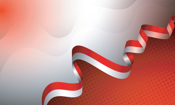 Waving Indonesia flag in ribbon design with red and white background for indonesia independence day