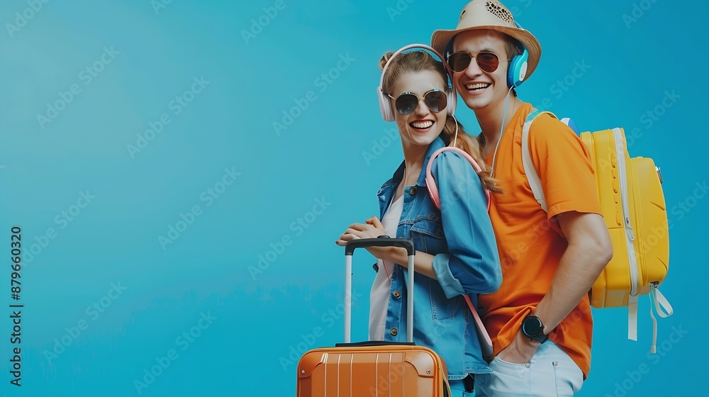 Wall mural beautiful young happy couple of tourists with headphones and suitcase on blue background : generativ