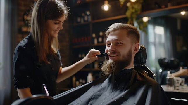 Young long haired female barber gently makes undercut hairstyle using scissors and comb bearded happy man in Salon Chair Modern blackstyle barber shop Hair Care service local small bus : Generative AI