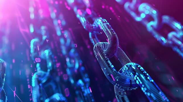 A chain of interconnected digital links glowing under purple neon lights, symbolizing strength and interconnection in the digital world.