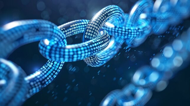 Close-up of binary digital chain links presented in a futuristic design, indicating robust cybersecurity measures, digital strength, and connectivity.