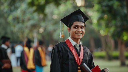 Happy young indian graduated students holding his graduation degree convocation ceremony : Generative AI