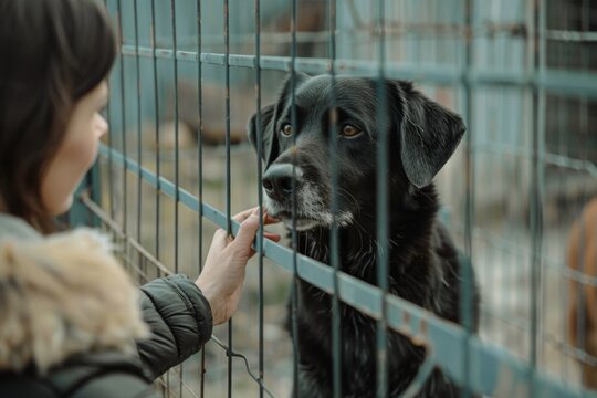 A touching moment between a person and a dog behind bars. This image captures empathy and connection. Perfect for animal shelter campaigns, or empathy promotions. Generative AI