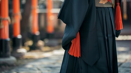 Fototapeta premium College student wearing a hakama at the graduation ceremony Hakama is traditional Japanese clothes : Generative AI
