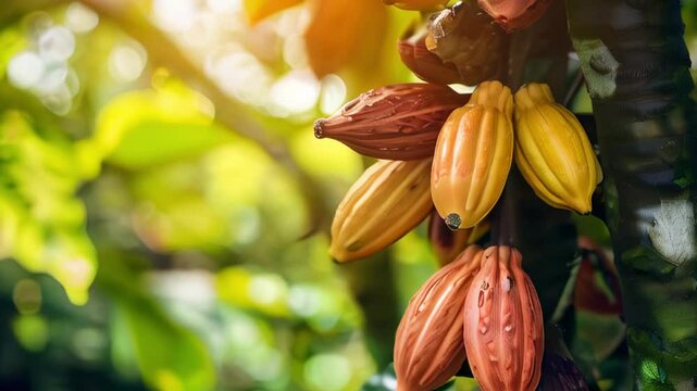 Close-up Cocoa pods hanging on tree in cocoa plantation.
