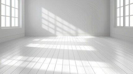 Bright sunlit empty room with large windows, white walls, and wooden floor. Minimalist, airy interior design concept.