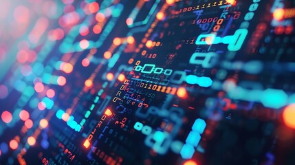 Fototapeta premium An image showing a close-up view of colorful data streams and binary digits, representing the flow of digital information and modern technology in a vibrant abstract form.