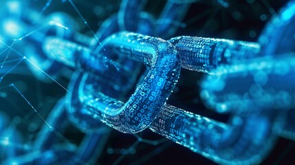 A close-up view of a metallic chain represented digitally, symbolizing blockchain technology and digital security with binary code embedded on the chain links.