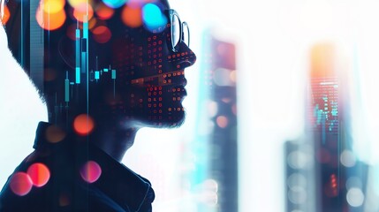 A silhouette profile of a man overlaid with colorful digital data, symbolizing the intersection of human cognition, technology, and the impact of digital information.