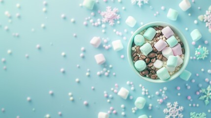 Bowl of coffee beans and pastel marshmallows surrounded by snowflakes and candies on a pastel background. Concept of festive treats and winter delicacies.