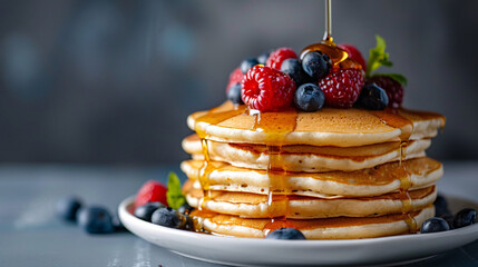 Stack of fluffy pancakes drizzled with maple syrup and topped with fresh berries