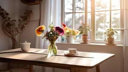 Fototapeta premium Cozy home interior with flowers on table by sunny window