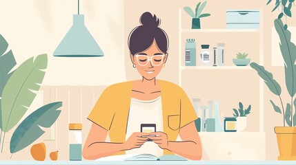 A lovely vector illustration shows a woman with glasses using a smartphone in front of a kitchen counter, symbolizing modern technology intersection with everyday life.