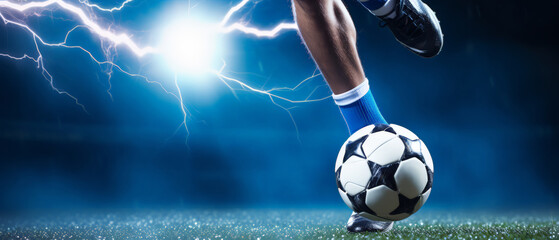 Soccer goal moment. Football scene at night match with close up of a soccer shoe hitting the ball with power and thunder.