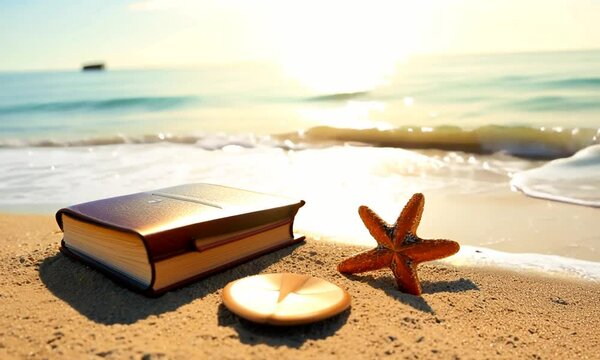 Bible book, cross of Jesus Christ, conch and starfish on sea waves and sandy beach, church summer retreat and summer bible school summer camp.