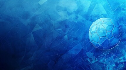 A visually striking image of a soccer ball set against a background of abstract blue-toned geometric shapes, creating a modern and technological feel.