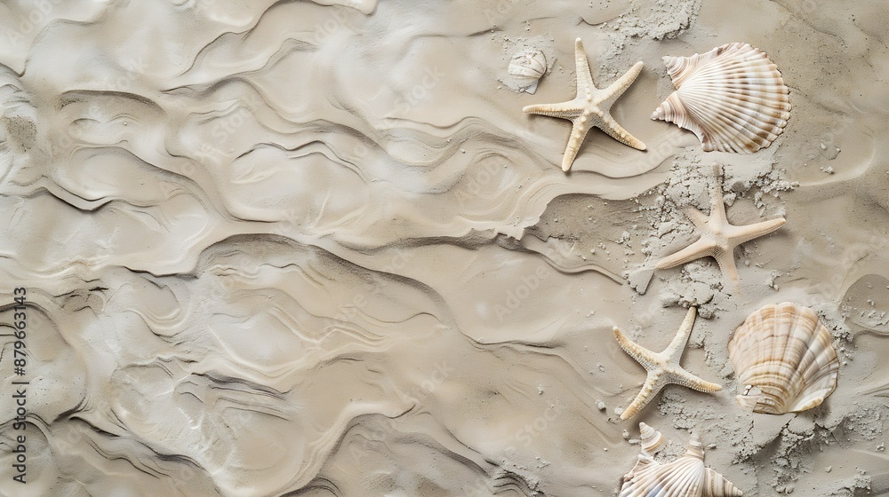 Poster Top view of a sandy beach texture with imprints of exotic seashells and starfish as natural textured background : Generative AI