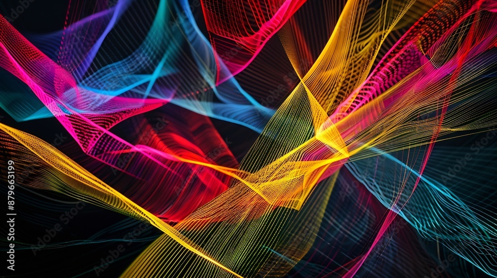 Poster color string art abstract pattern on black background : Generative AI
