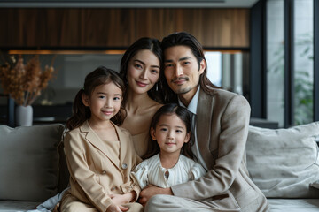 Fototapeta premium 96 Fashionable family posing in a contemporary minimalist home full body, studio lighting, a minimalist composition,