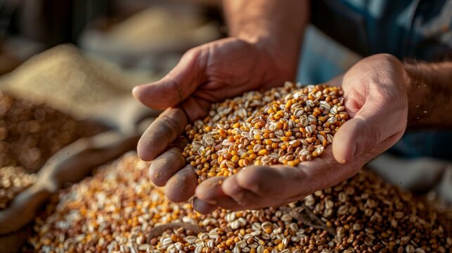 Farmer's hands mixing distillers grains, clover, oats, and alternative protein feed, hyper realistic, innovative agricultural practices