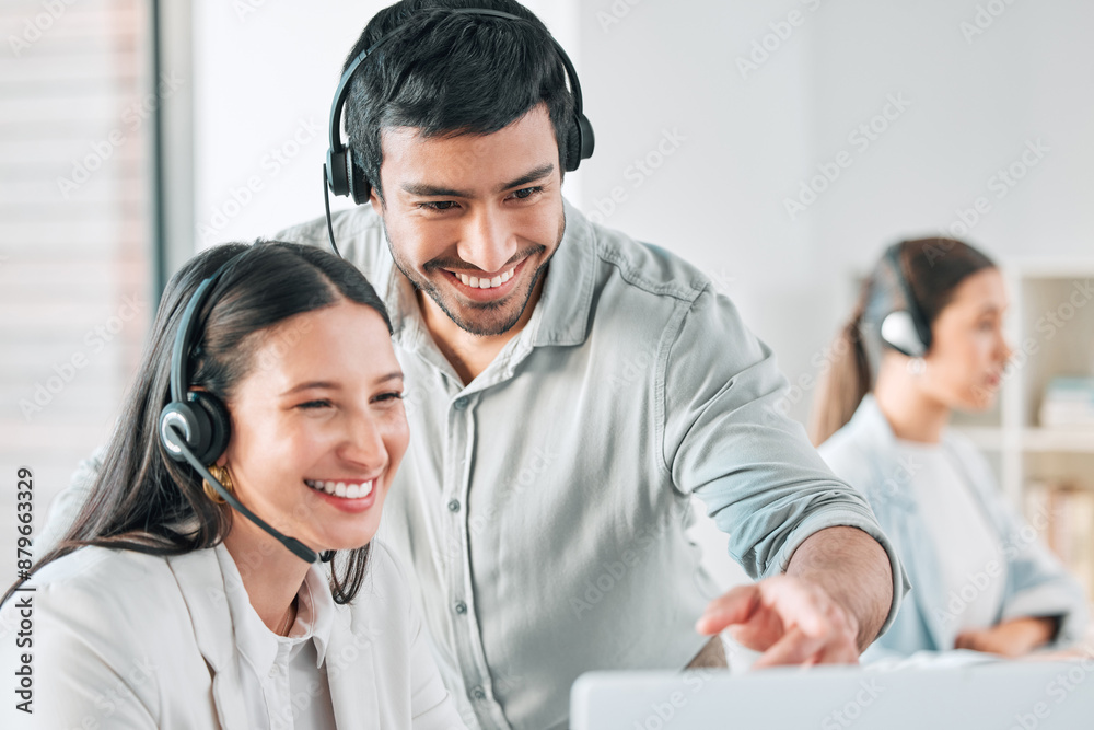 Poster collaboration, woman and man with headset in call center for client help, showing pc and coaching in