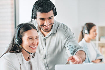 Collaboration, woman and man with headset in call center for client help, showing pc and coaching...