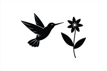 Obraz premium a minimalist Hummingbird Hovering Near Flowers silhouette black vector art illustration 