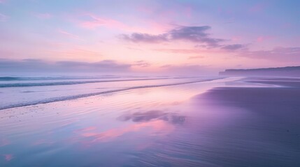 A tranquil beach scene at dawn, soft pink and purple hues in the sky