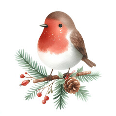 Watercolor painting of bird christmas theme on​ white background