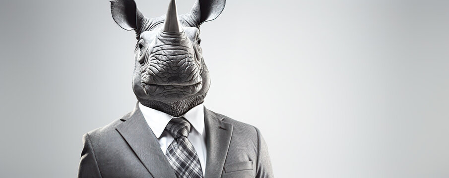 Rhino Head In Suit And Tie Against A White Background