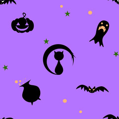 Discover our vibrant seamless Halloween pattern! This design includes pumpkins, ghosts, bats, boiling pots, and black cats, ideal for creating festive backgrounds, crafts, and seasonal decorations