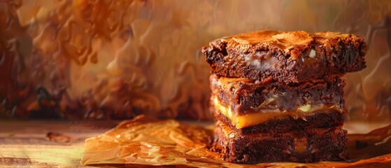 Fototapeta premium Brownie with lemon and caramel layers, impressionist style, soft focus, warm tones, painterly effect