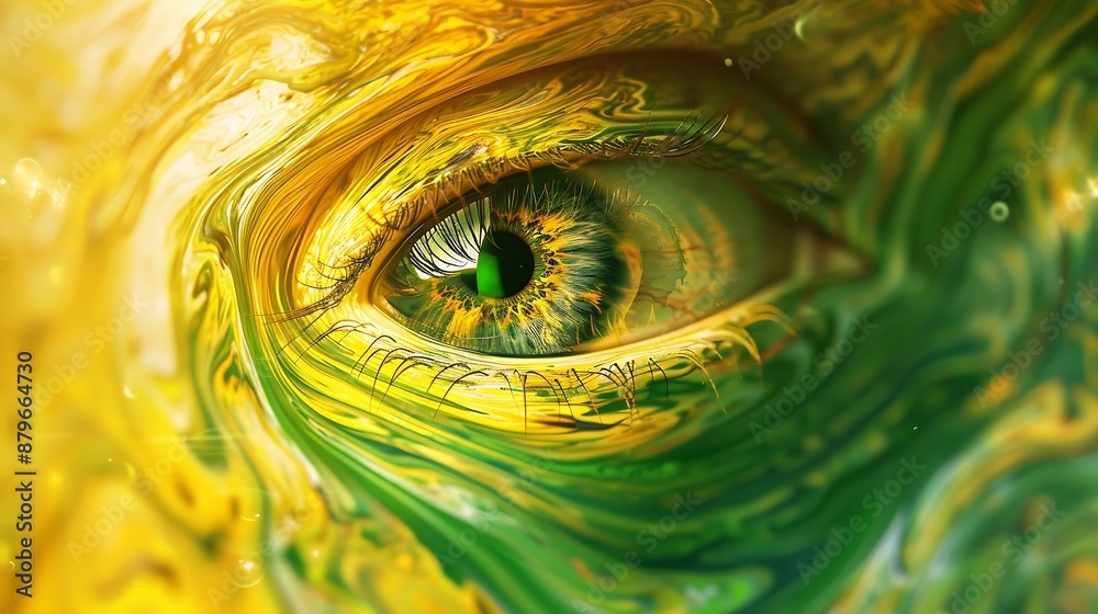 Aufkleber A digitally altered image showcasing a closeup of an eye with swirling yellow and green colors in an abstract art style : Generative AI